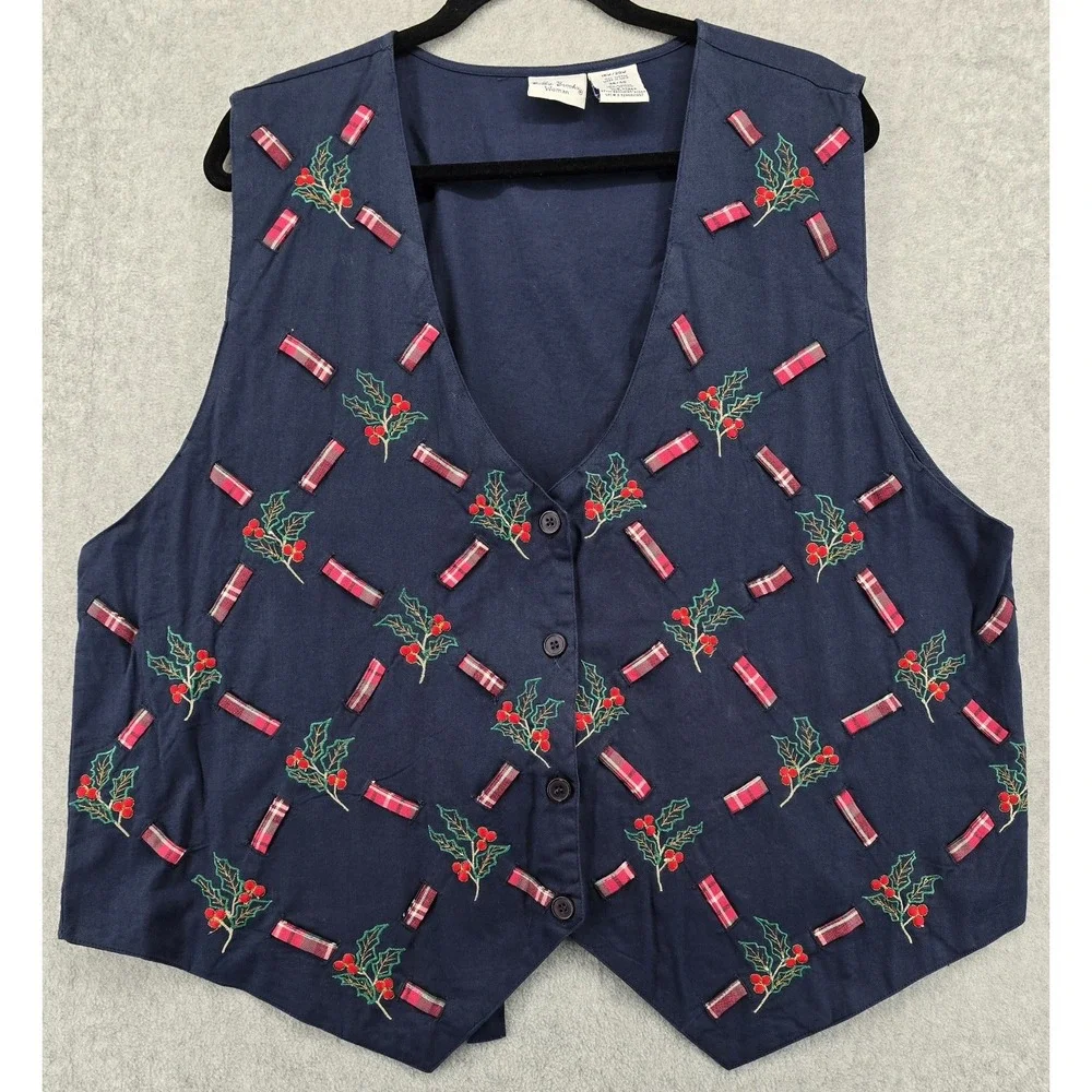 Vtg Bobbie Brooks Christmas Vest Womens 18/20W Blue Embroidered Holly Ribbon Mom